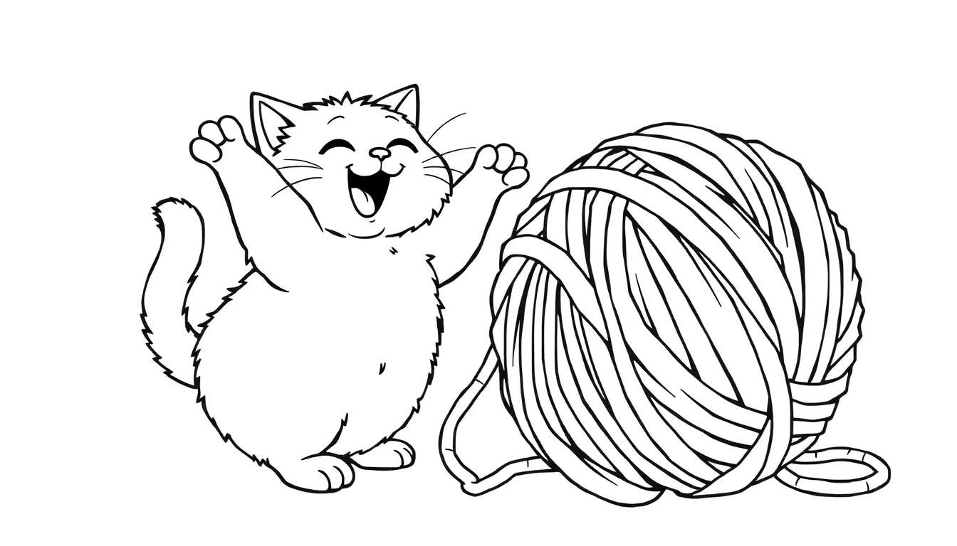 A cute cartoon kitten in black and white line art, playing with a ball of yarn, ready for the color panel.