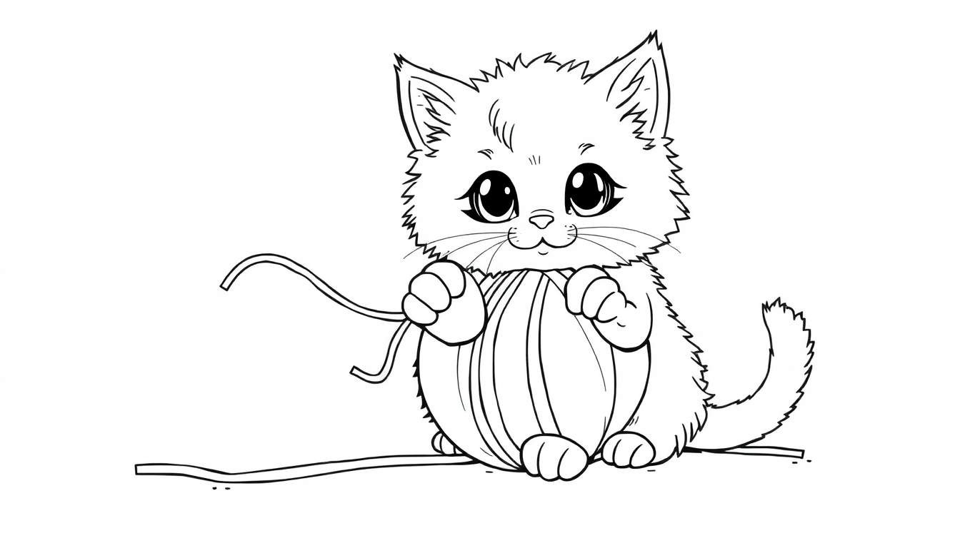 A black and white color panel of a cute cartoon kitten playing with a ball of yarn.