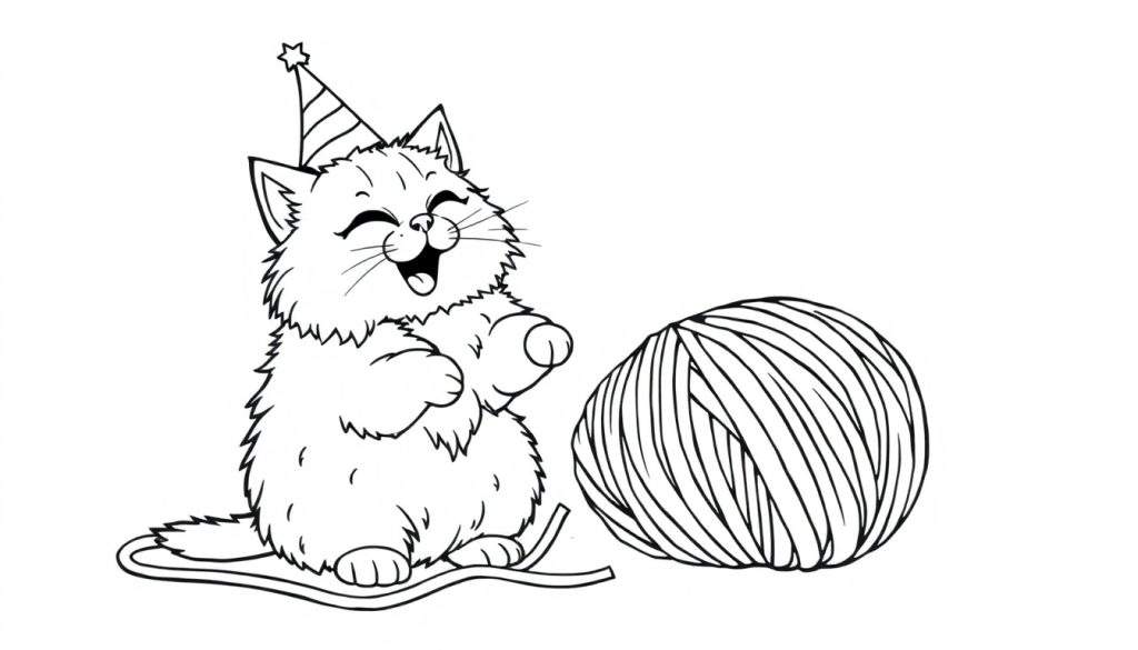 A black and white cartoon kitten wearing a party hat, with yarn wrapped around its feet, ready to play. A color panel for drawing.