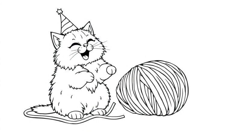 A black and white cartoon kitten wearing a party hat, with yarn wrapped around its feet, ready to play. A color panel for drawing.