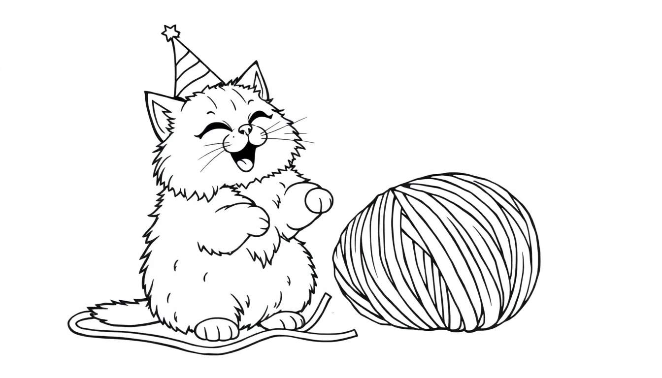 A black and white cartoon kitten wearing a party hat, with yarn wrapped around its feet, ready to play. A color panel for drawing.