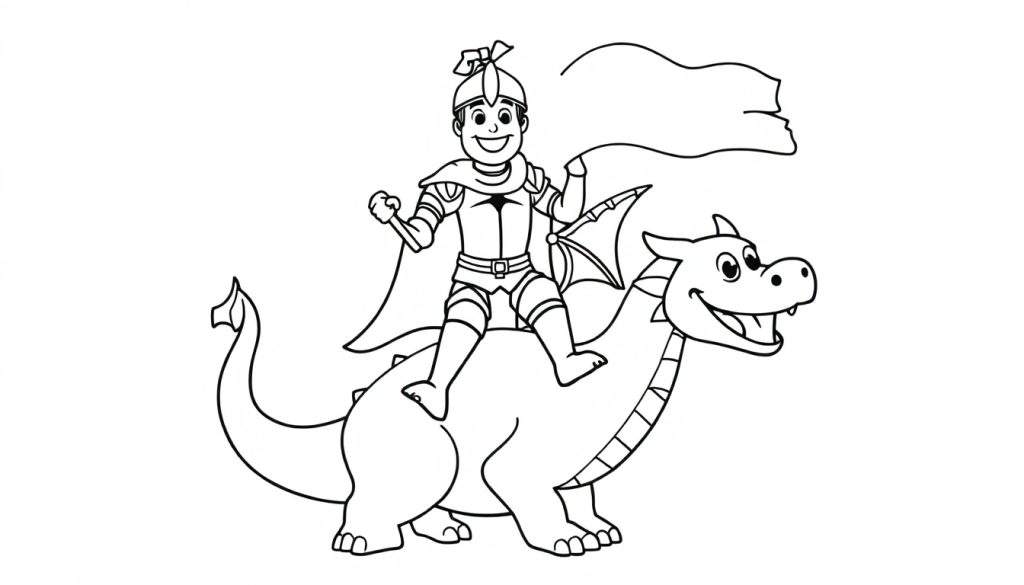 A knight on a dragon coloring page, black and white. This color panel shows a happy knight with a sword and flag on a smiling dragon.