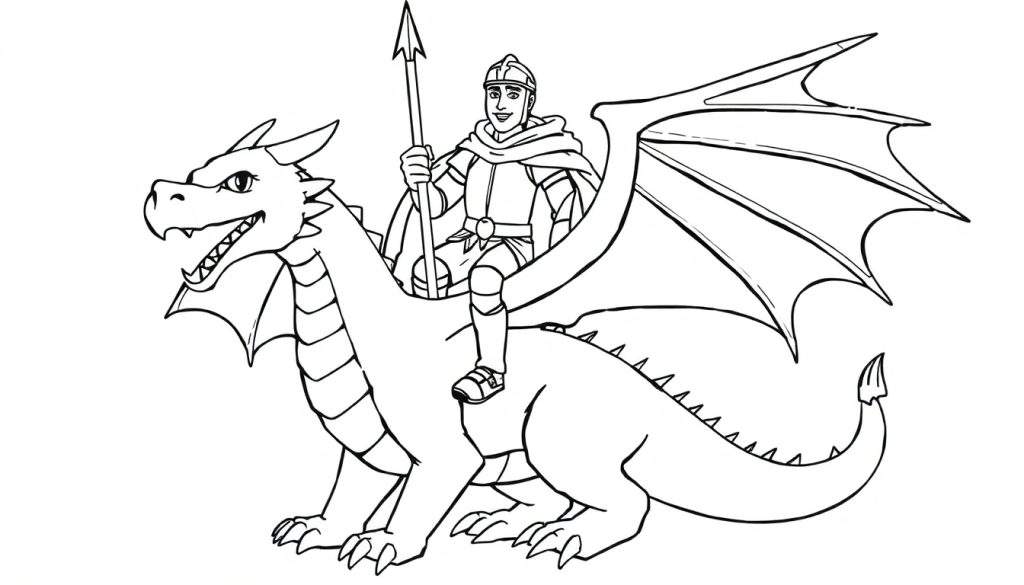 Knight on a dragon, black and white color panel.