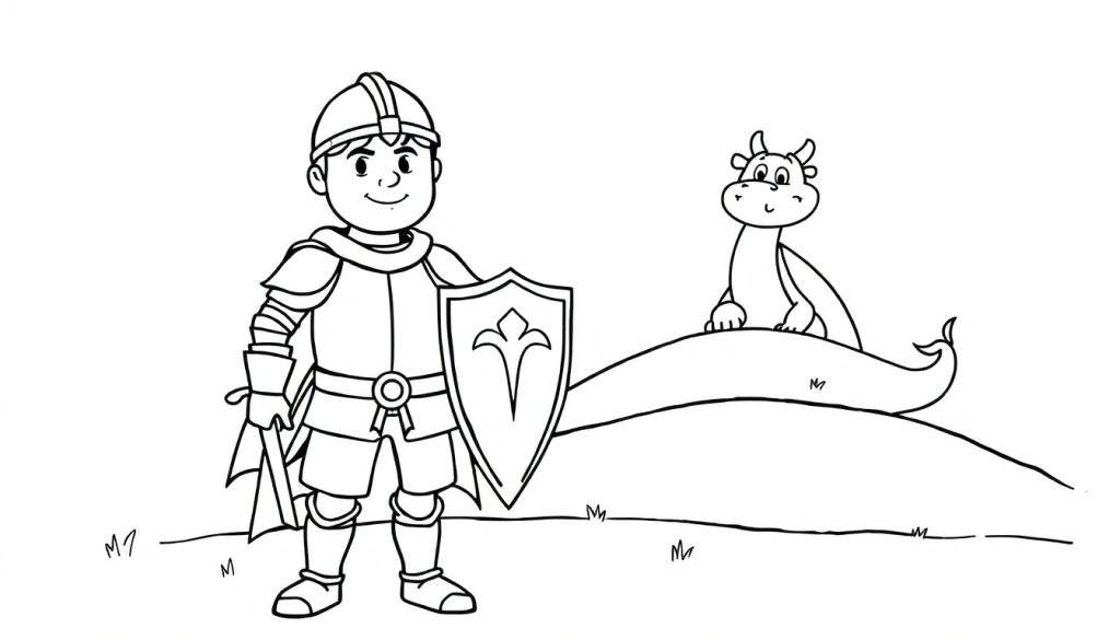 A friendly knight and a cute dragon in a black and white color panel, ready for adventure.