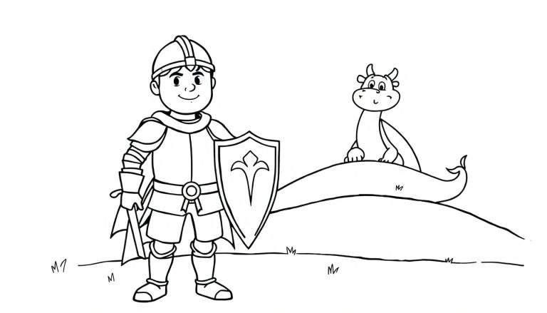 A friendly knight and a cute dragon in a black and white color panel, ready for adventure.