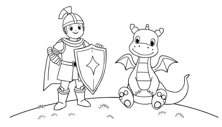 A young knight and a friendly dragon on a grassy hill, ready for adventure in this color panel.