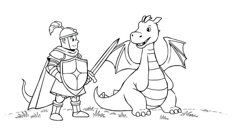 A knight and a friendly dragon on a grassy field, a black and white coloring page for kids, ready to be colored.