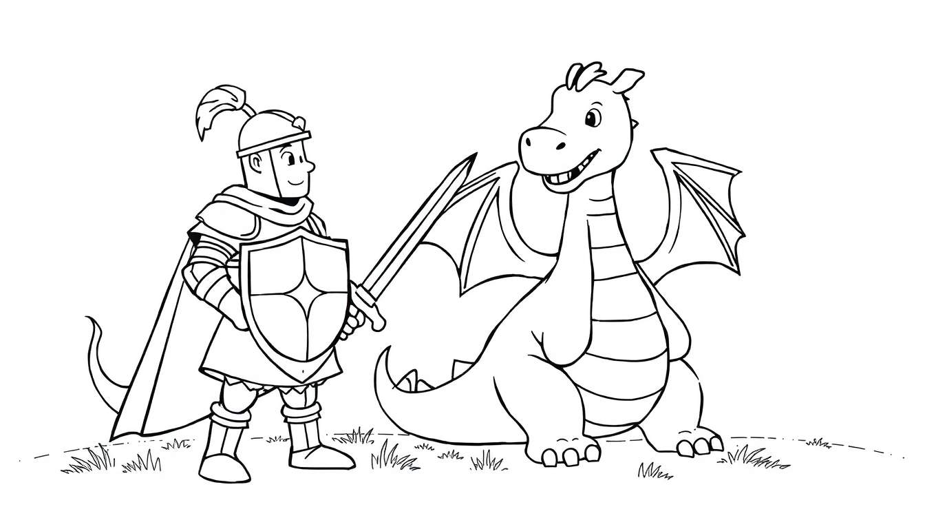 A knight and a friendly dragon on a grassy field, a black and white coloring page for kids, ready to be colored.