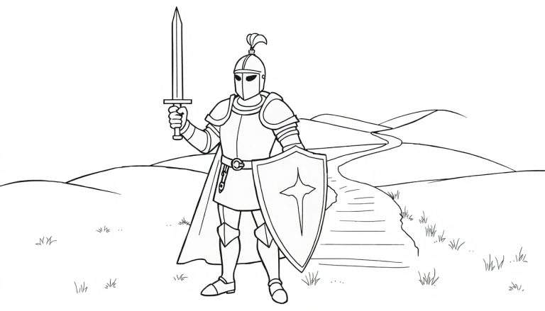 Black and white drawing of a knight holding a sword and shield, standing on a path, part of a color panel.