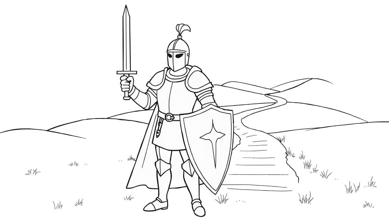 Black and white drawing of a knight holding a sword and shield, standing on a path, part of a color panel.