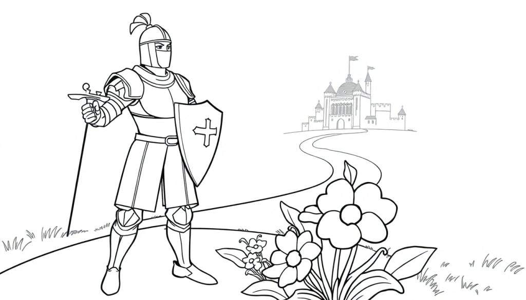 A brave knight ready for adventure on a black and white coloring panel.