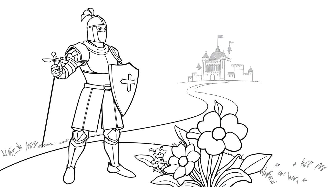 A brave knight ready for adventure on a black and white coloring panel.