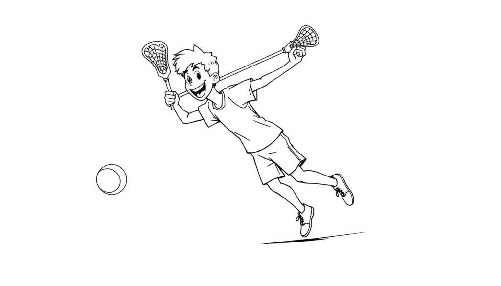 A happy cartoon boy in mid-air, ready to catch a lacrosse ball, with his stick. Black and white outline for coloring fun color panel.