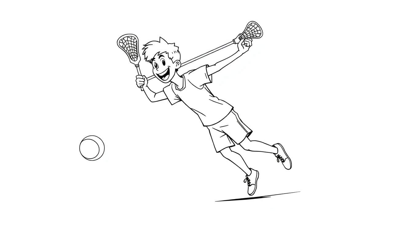 A happy cartoon boy in mid-air, ready to catch a lacrosse ball, with his stick. Black and white outline for coloring fun color panel.