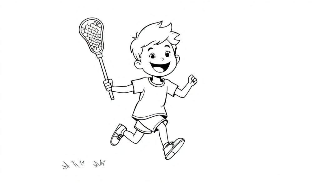 A cheerful young boy with spiky hair, running with a lacrosse stick, ready for coloring fun on a color panel.