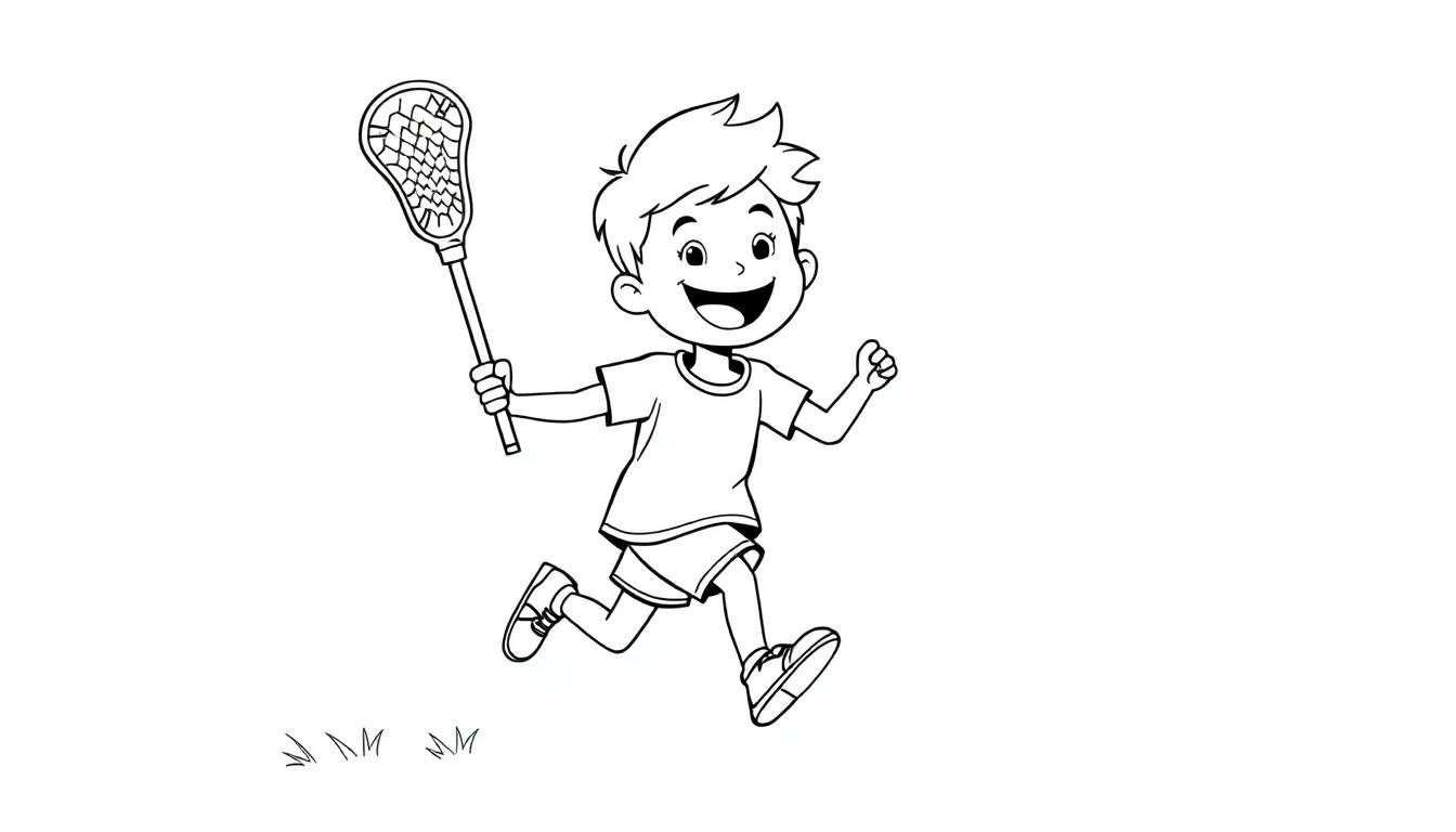 A cheerful young boy with spiky hair, running with a lacrosse stick, ready for coloring fun on a color panel.