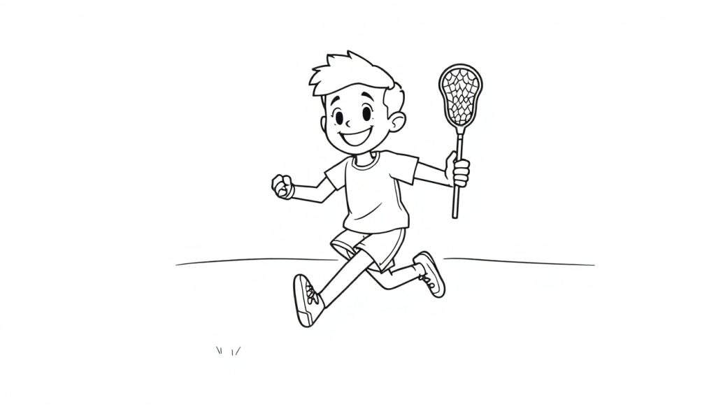 A cartoon boy running with a lacrosse stick, a black and white coloring page color panel.