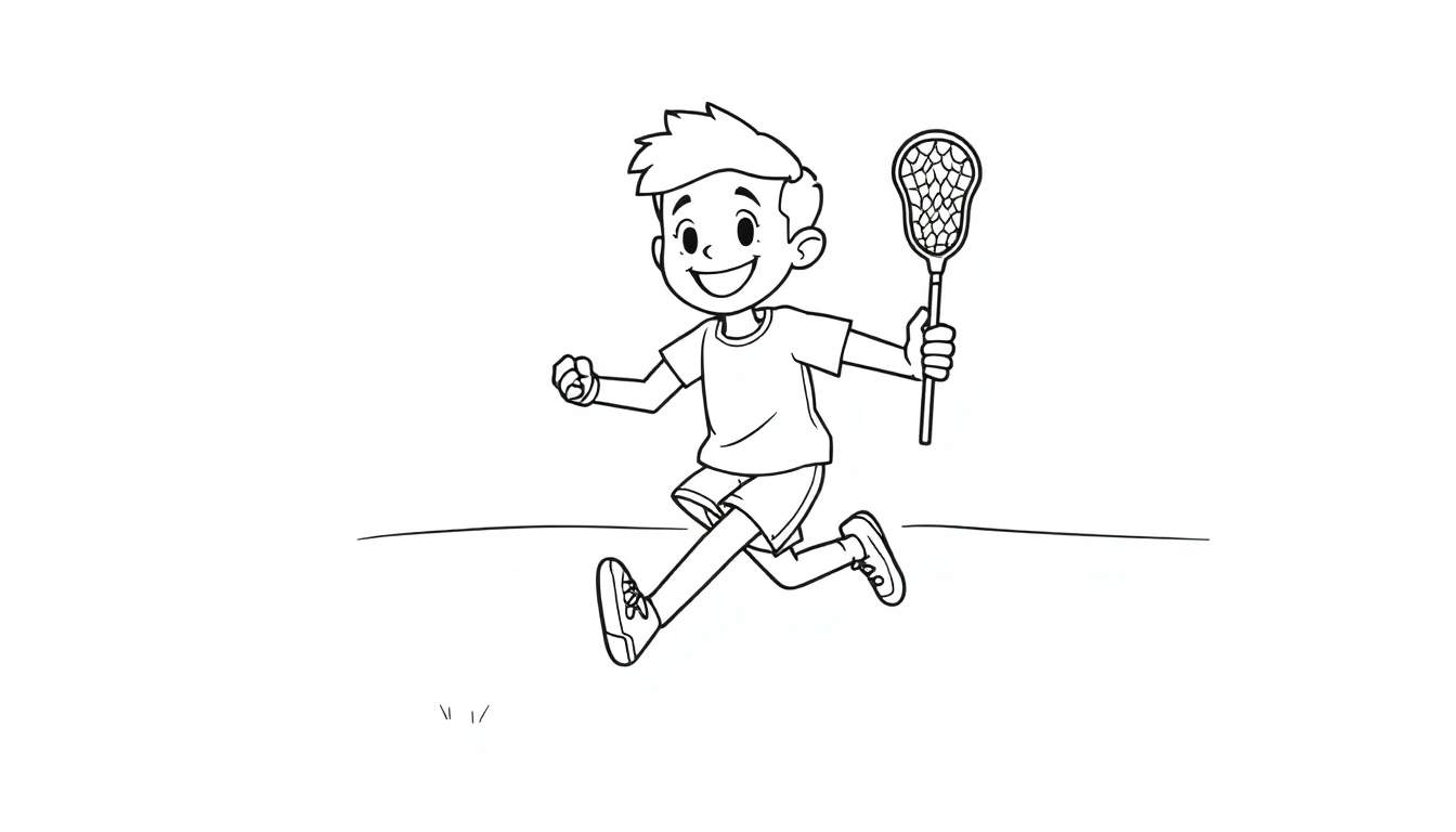 A cartoon boy running with a lacrosse stick, a black and white coloring page color panel.