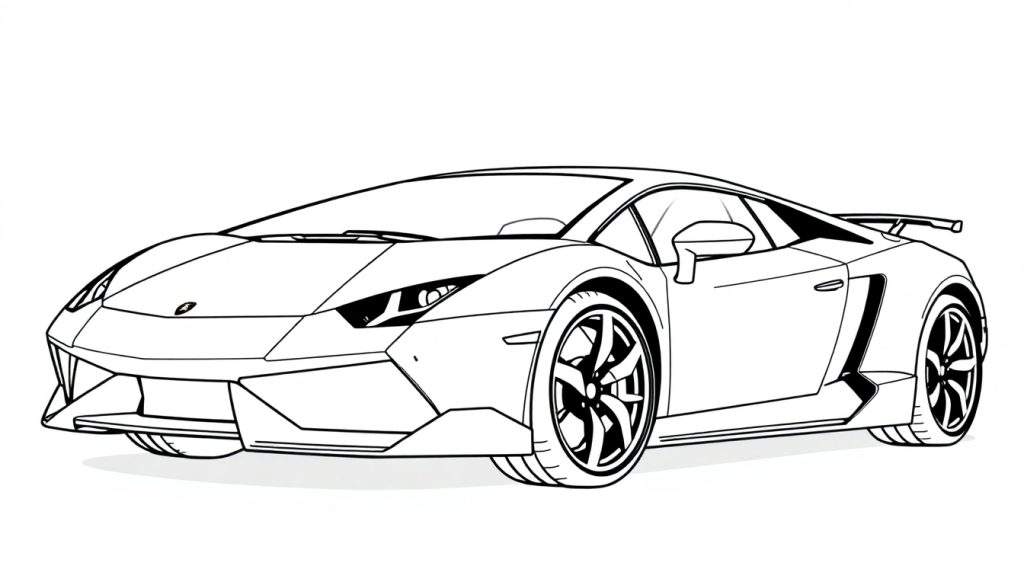 A black and white line drawing of a Lamborghini sports car, perfect for a color panel adventure.