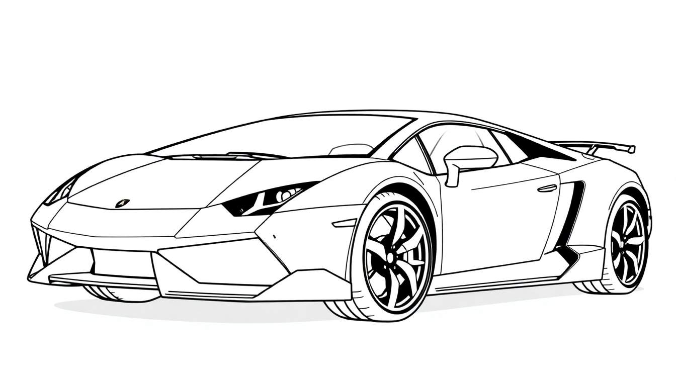 A black and white line drawing of a Lamborghini sports car, perfect for a color panel adventure.