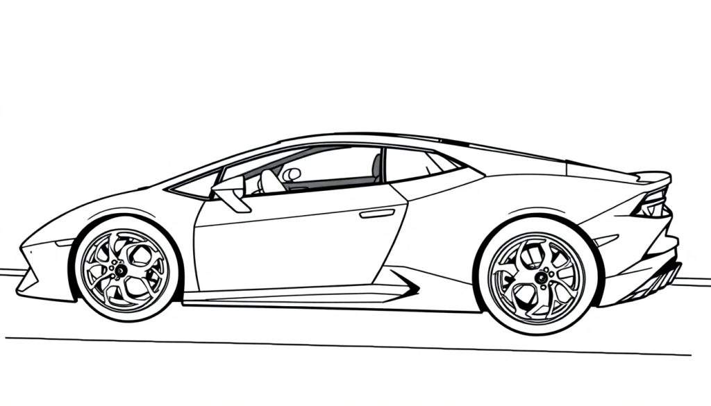 A black and white line drawing of a Lamborghini Huracan coupe, a cool sports car color panel.