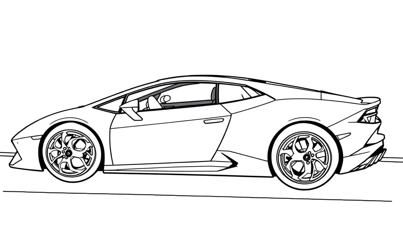 A black and white line drawing of a Lamborghini Huracan coupe, a cool sports car color panel.