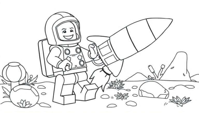 A happy Lego astronaut waving goodbye on an alien planet with a rocket launching. A black and white color panel for fun.