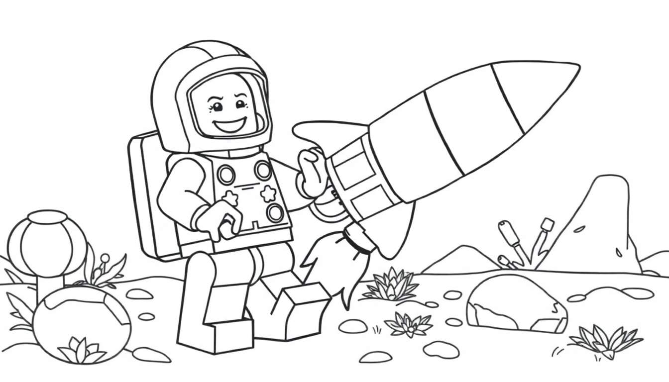 A happy Lego astronaut waving goodbye on an alien planet with a rocket launching. A black and white color panel for fun.
