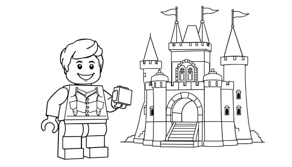 A black and white color panel showing a Lego figure proudly presenting a castle he has built.