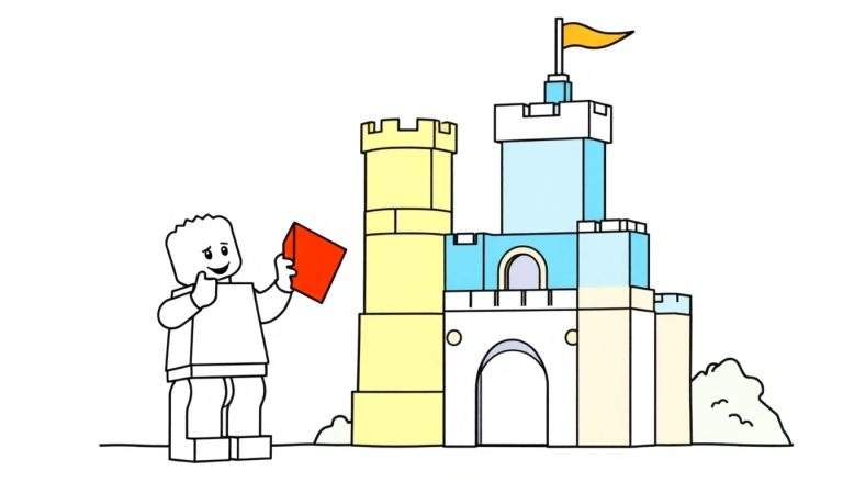 A cute Lego character holding a red Lego brick is thinking about building a colorful castle. This is a black and white color panel for kids.