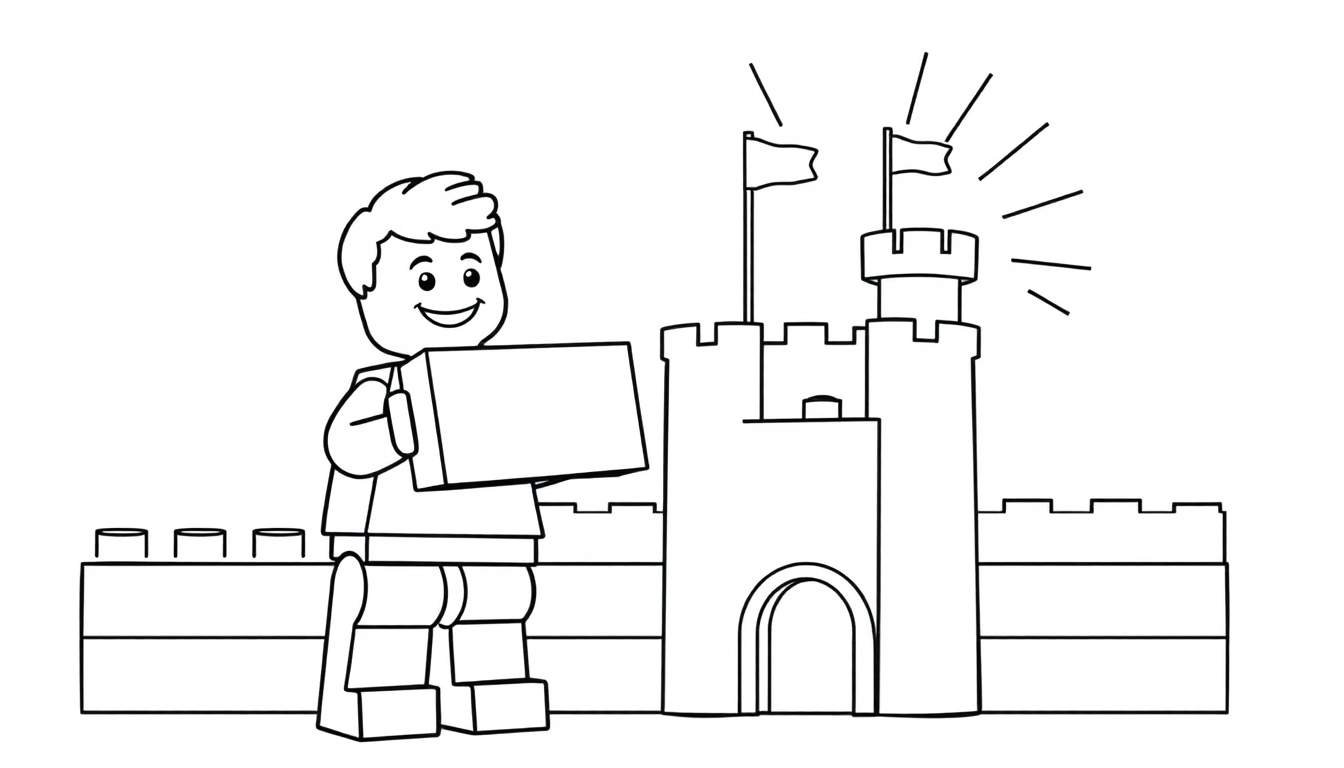 A cheerful Lego minifigure holding a Lego brick, ready to build a castle on this fun color panel.