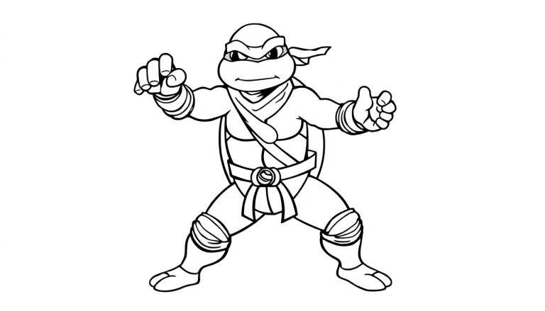 Leonardo the Ninja Turtle in a karate pose, ready for action on a black and white color panel.