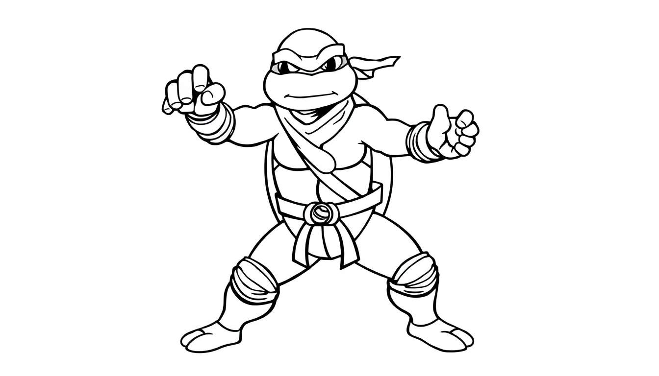 Leonardo the Ninja Turtle in a karate pose, ready for action on a black and white color panel.