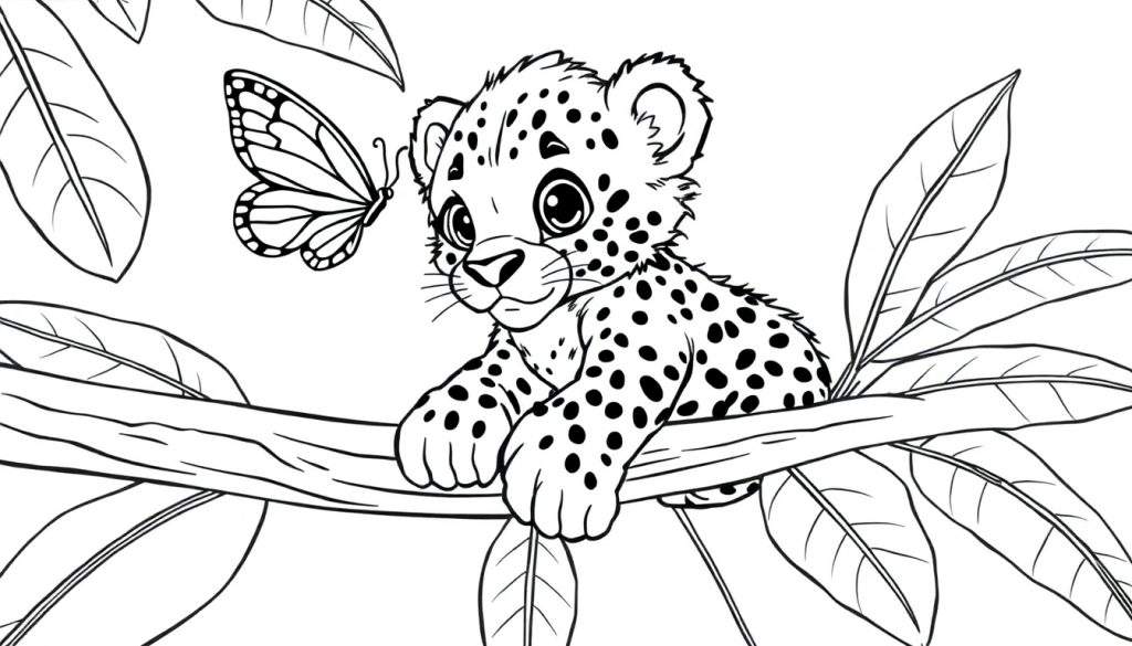 A cute baby leopard enjoying a coloring panel with a butterfly.