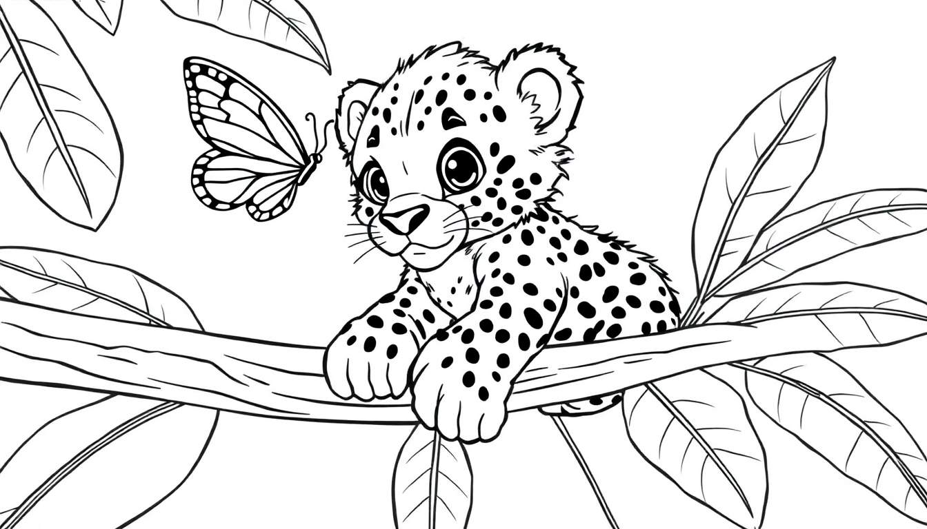 A cute baby leopard enjoying a coloring panel with a butterfly.