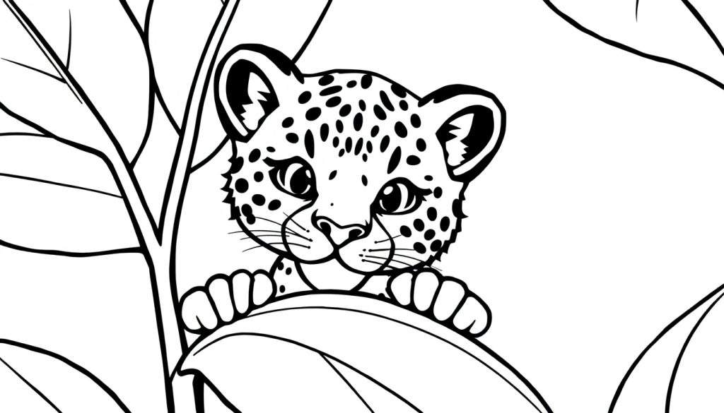 A baby leopard peeking from behind a large leaf, ready for coloring in this color panel.
