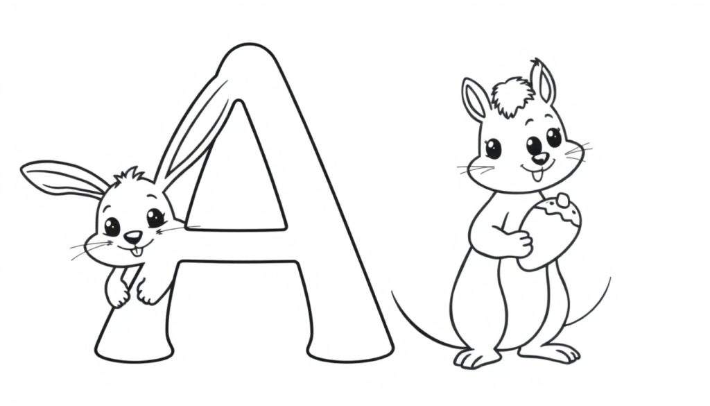 A black and white illustration of the letter 'A' with a rabbit peeking from the left and a squirrel holding an Easter egg on the right. A fun color panel for kids.