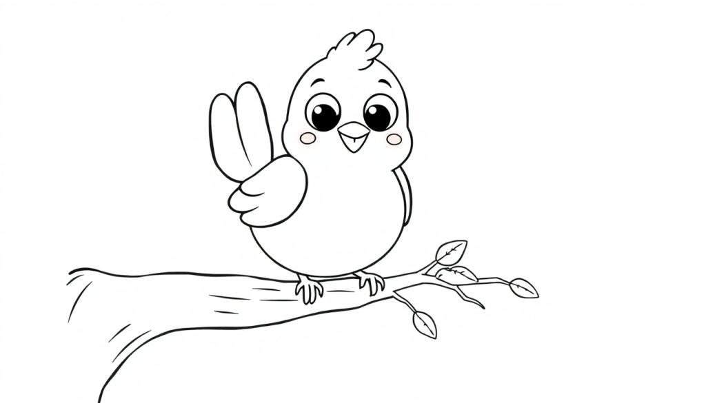 A cute cartoon bird on a branch, ready for coloring. A cheerful color panel.