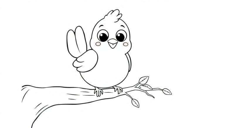 A cute cartoon bird on a branch, ready for coloring. A cheerful color panel.