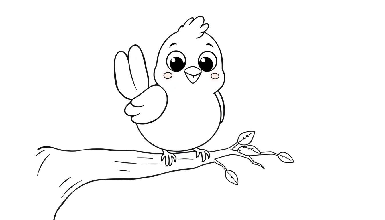 A cute cartoon bird on a branch, ready for coloring. A cheerful color panel.