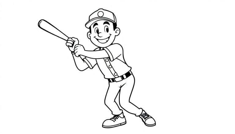 A young boy in a baseball uniform swinging a bat, ready to hit a home run. Black and white color panel.