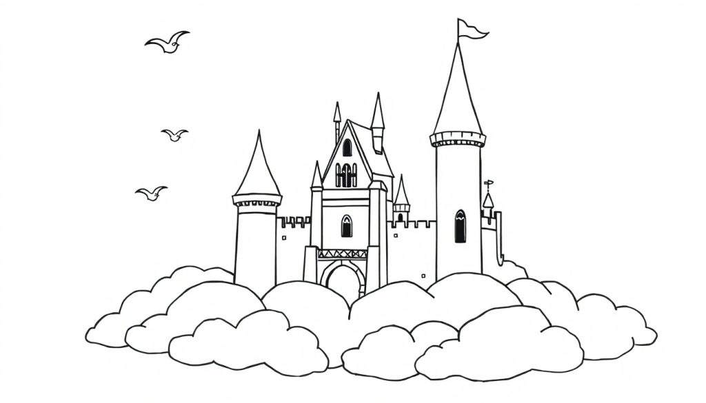 A magical castle on clouds, ready for coloring, on a color panel.
