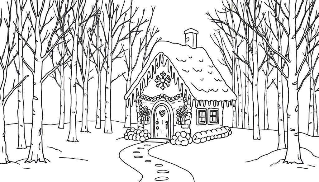 A black and white illustration of a gingerbread house in a snowy forest, with a path leading to the door. This is a fun color panel for kids.