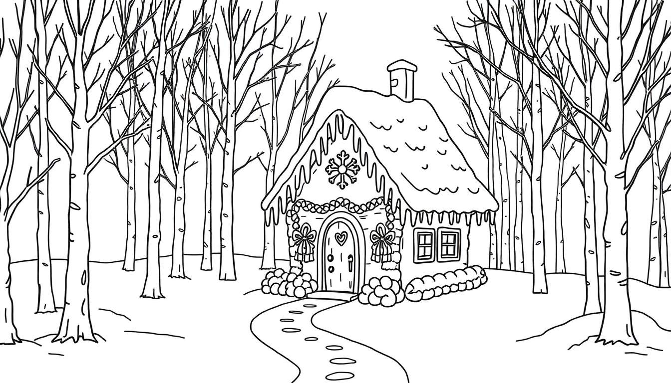 A black and white illustration of a gingerbread house in a snowy forest, with a path leading to the door. This is a fun color panel for kids.