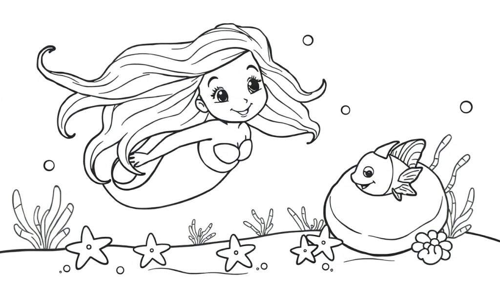 A cute mermaid with flowing hair smiling at a friendly fish underwater, a black and white color panel.