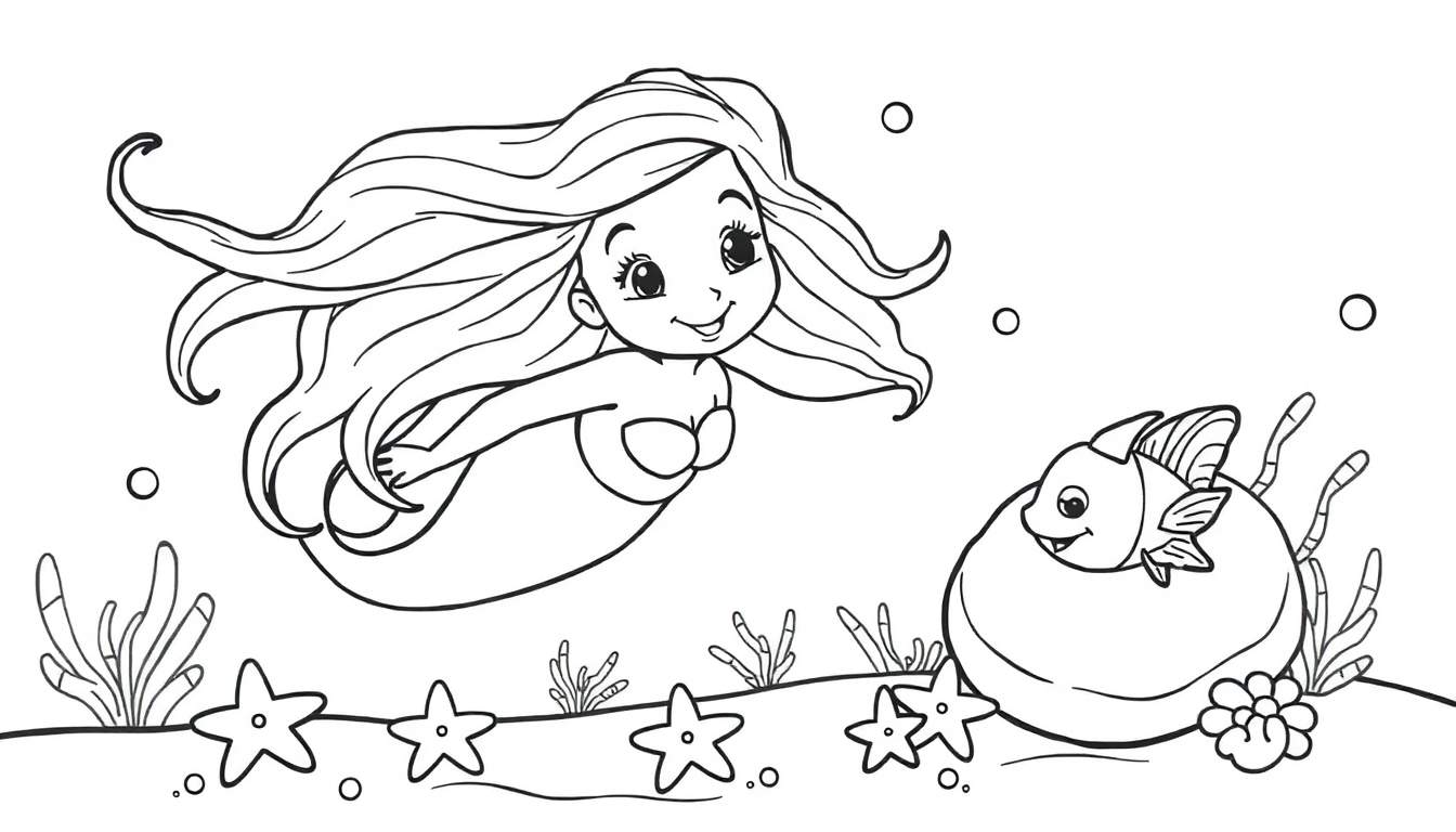 A cute mermaid with flowing hair smiling at a friendly fish underwater, a black and white color panel.