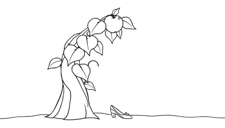 A whimsical line drawing of a magical tree with heart-shaped leaves and an apple, next to a high-heeled shoe, ready for coloring. This color panel is enchanting!