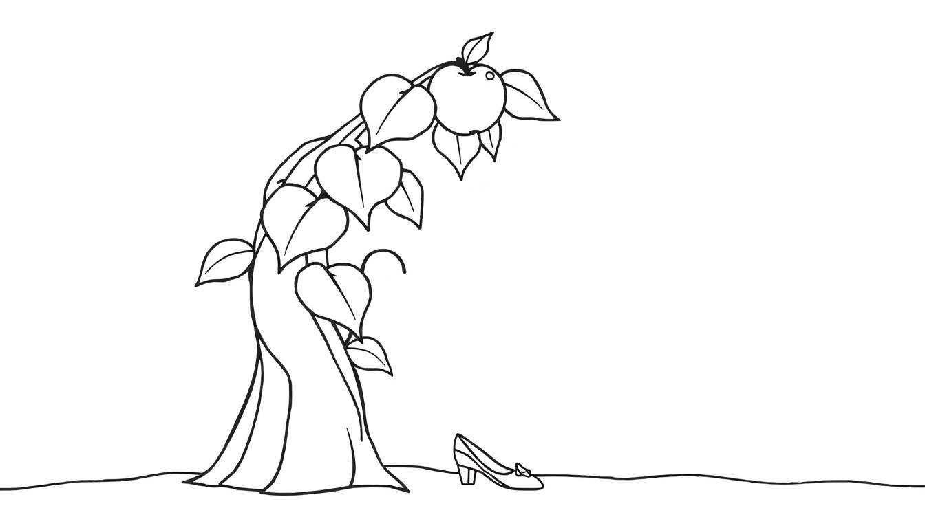 A whimsical line drawing of a magical tree with heart-shaped leaves and an apple, next to a high-heeled shoe, ready for coloring. This color panel is enchanting!