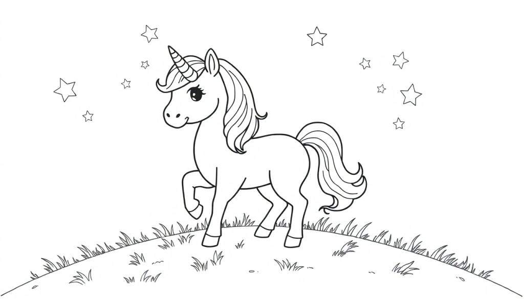 A black and white line drawing of a friendly cartoon unicorn with a spiraled horn and flowing mane and tail, standing on a grassy hill under a starry sky. A fun color panel for coloring.