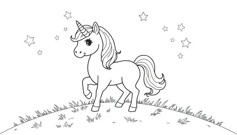 A black and white line drawing of a friendly cartoon unicorn with a spiraled horn and flowing mane and tail, standing on a grassy hill under a starry sky. A fun color panel for coloring.
